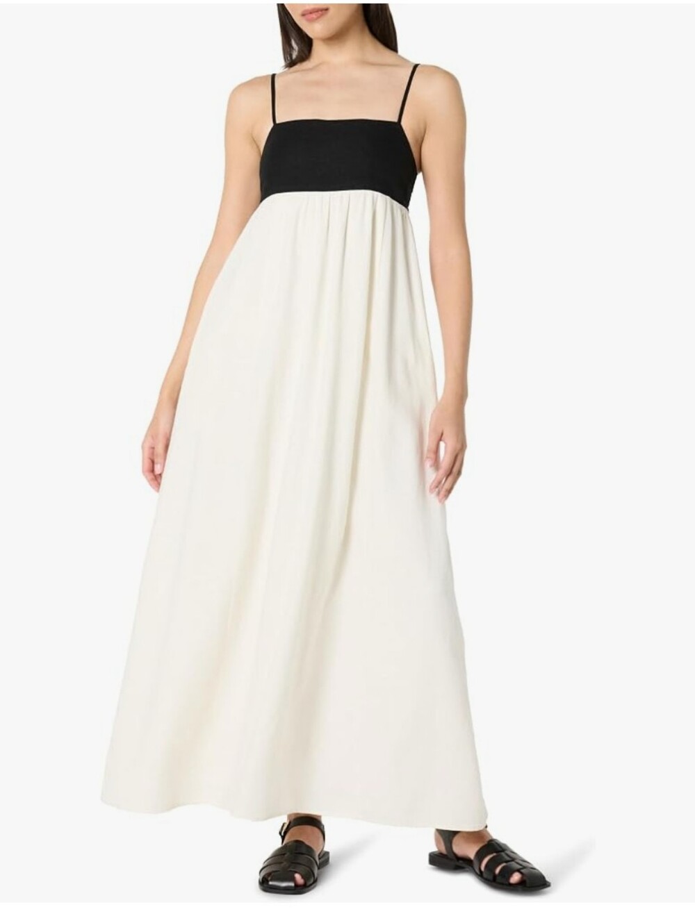 The Drop Two-Tone Black & Cream Maxi Dress Linen Blend Spaghetti Straps Bohemian